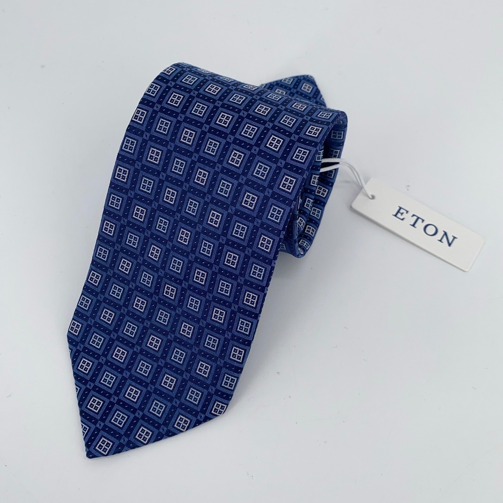 Eton Tie Mens One Size Blue Patterned Silk Classic Fit Necktie England‎ Made NWT